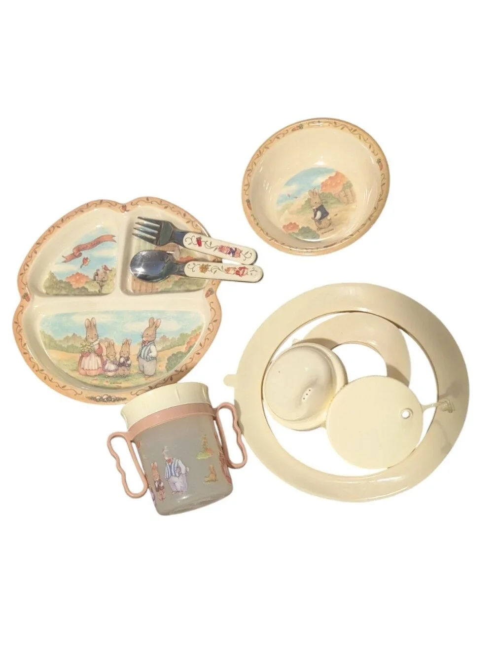 Vintage Pecoware Sweet Family 6 Piece Child’s Dish Set Sweet Bunny Family Design